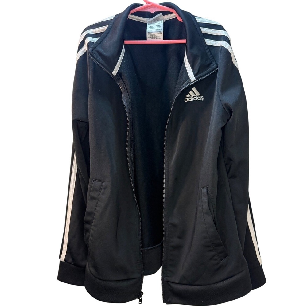 Kids Adidas Track Jacket Black White 3 Stripe Full Zip Size M 10‎ 12